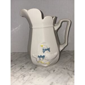 VTG McCoy Pottery 1980's White Glass Cottage "Country Goose" Pitcher White Blue